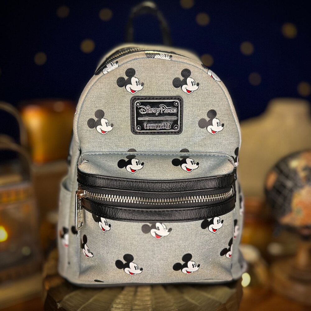 Disney Parks Loungefly Mickey Mouse Mini Backpack – Gray Canvas (Worn Strap)